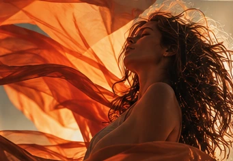 Illustrative fashion scene with orange fabric